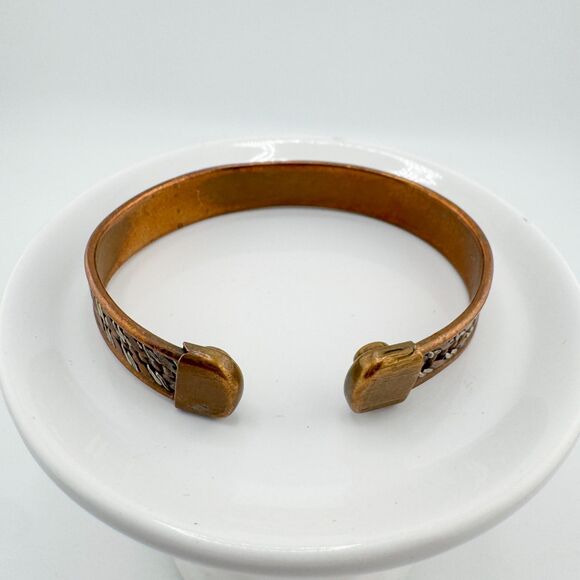 Vintage Copper Magnetic Cuff Bracelet Woven Brass Silver Tone Mixed Metal Retro - Picture 8 of 9